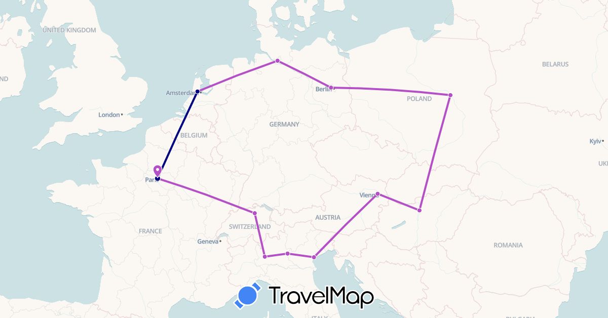 TravelMap itinerary: driving, train in Austria, Switzerland, Germany, France, Hungary, Italy, Netherlands, Poland (Europe)